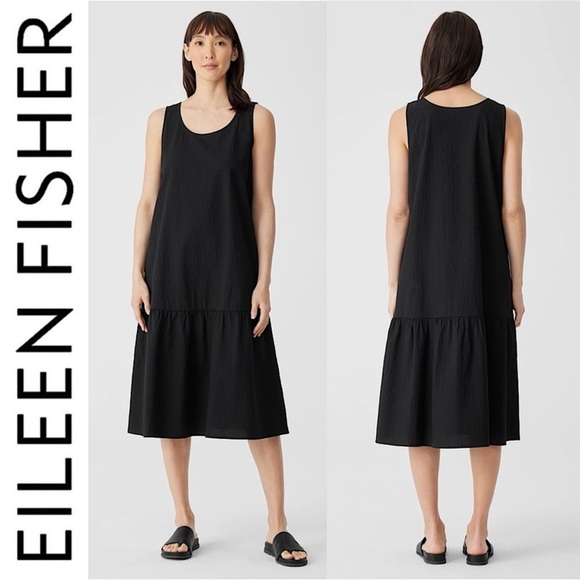 EILEEN Fisher Black Organic Cotton Seersucker Pucker Tiered Dress, Size Small - Picture 3 of 15